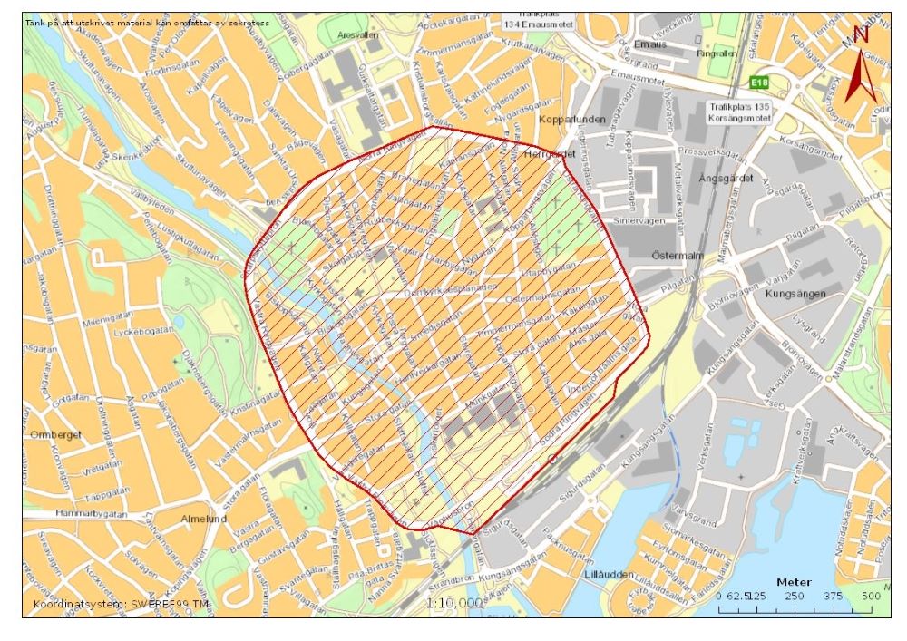 Aktuellt område för UAS (drönare) i Västerås centrum.