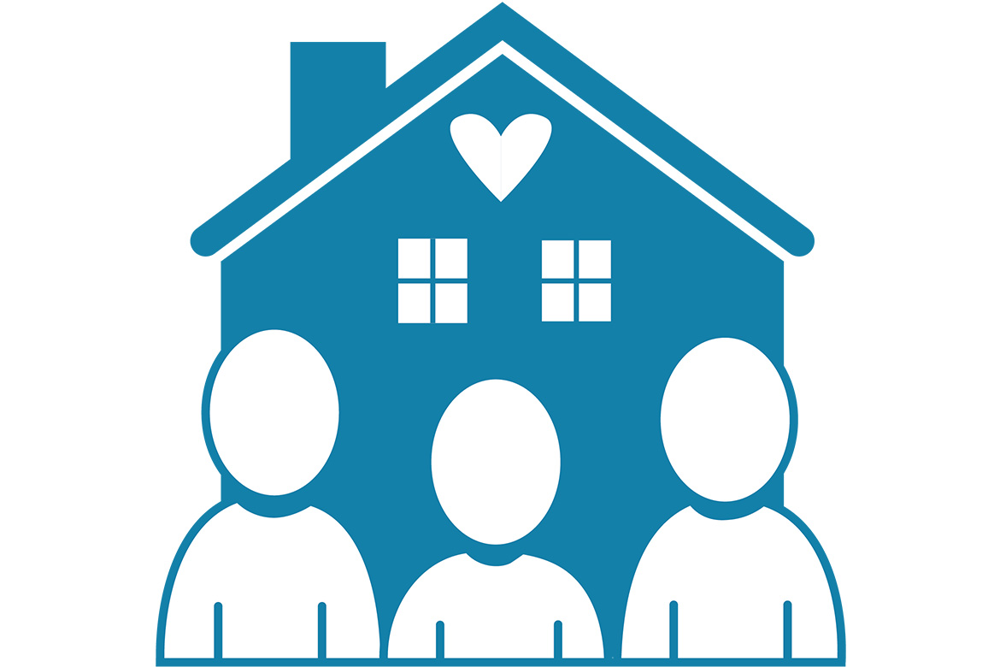 Symbol med ett hus i bakgrunden med tre figurer framför.