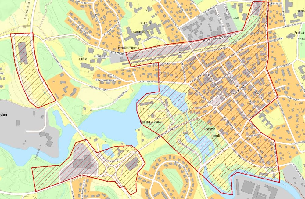 Karta över det område som beslutet om kamerabevakning gäller. Kameraövervakning kan komma att ske i centrala Torsby, områdena runt Coop, ICA Toria och handelsplats Kajshea.