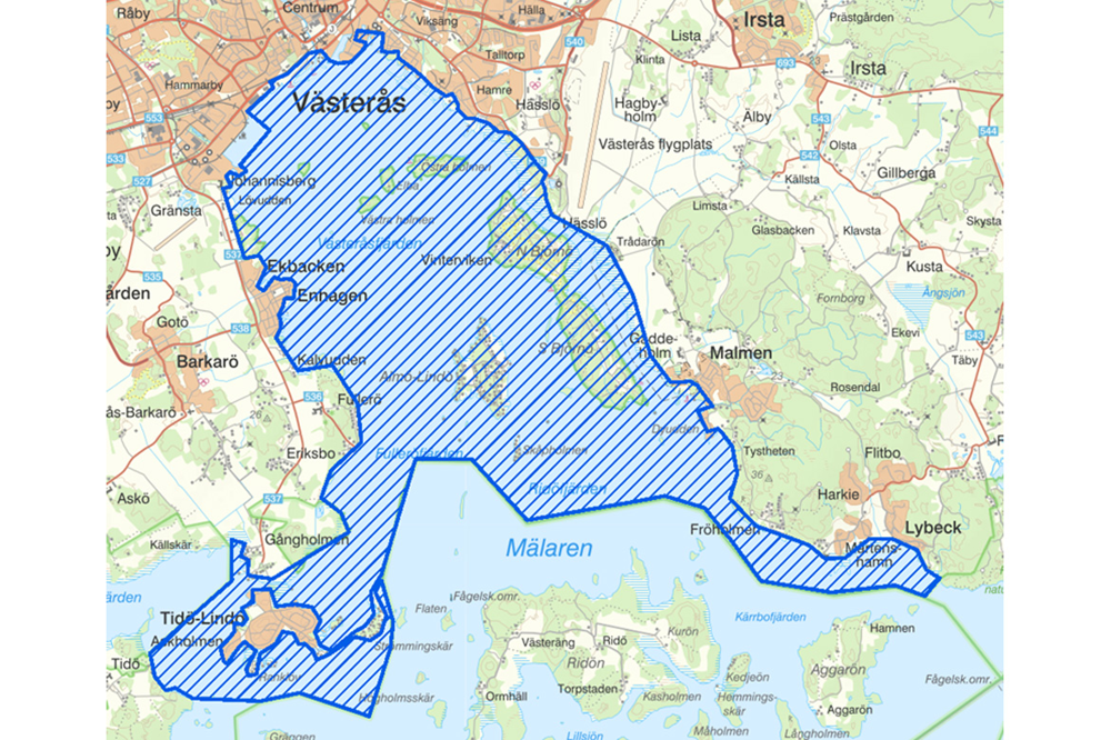 Karta över aktuellt område för UAS (drönare) över Västeråsfjärden samt delar av Fulleröfjärden och Ridöfjärden.