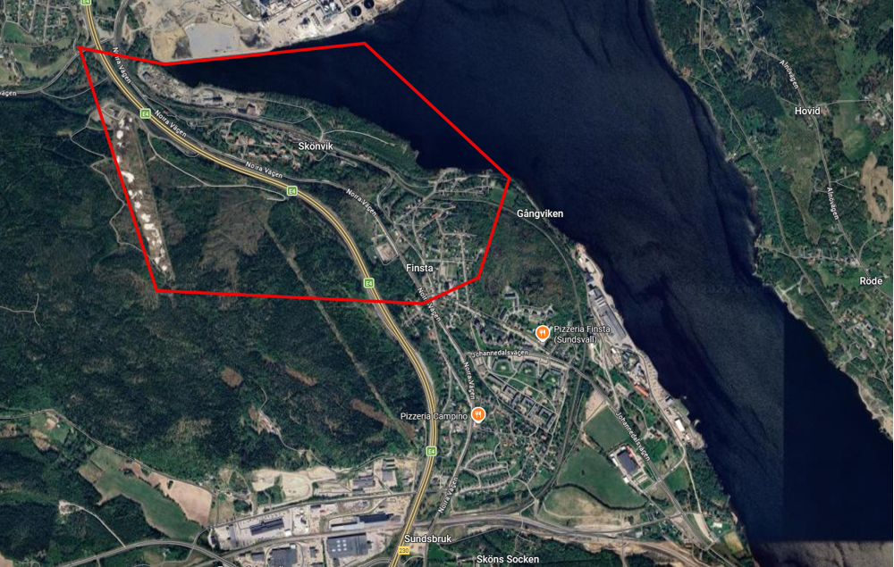 Bilden visar en kartbild med ett inritat område vid Sundsbruk i Sundsvall som polisen kommer att bevaka med drönare.