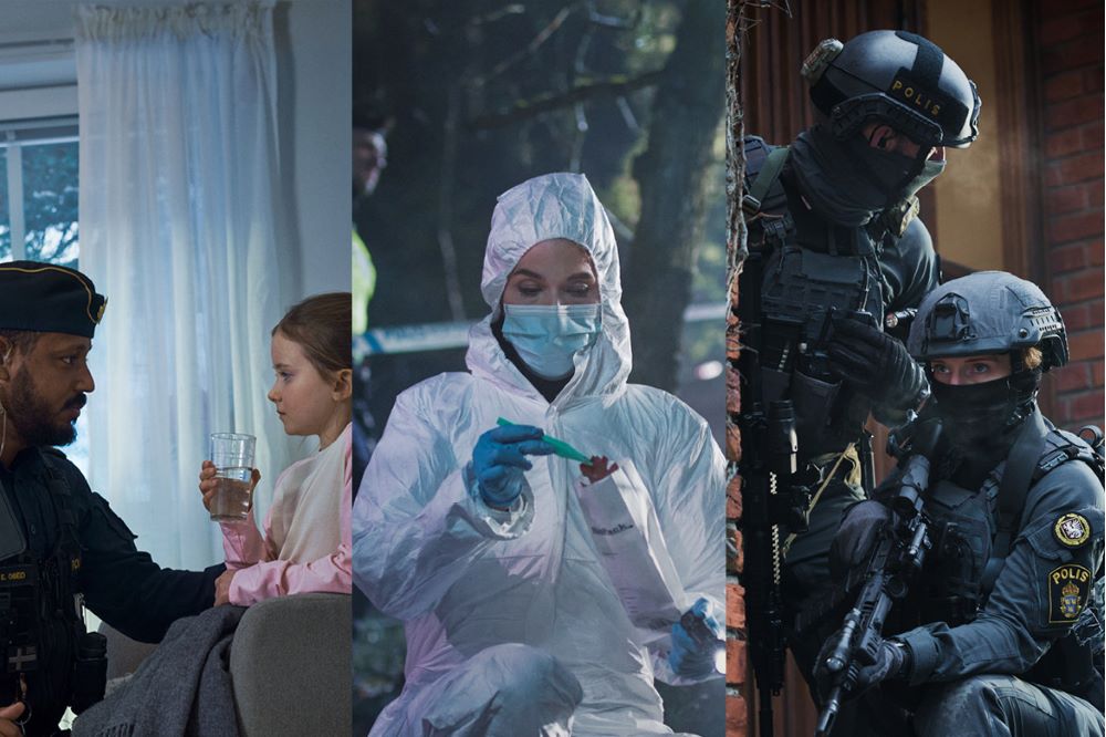 Collage med tre bilder: ingripandepolis som pratar med ett barn, kriminaltekniker vid brottsplats, insatspoliser beredda bakom husvägg