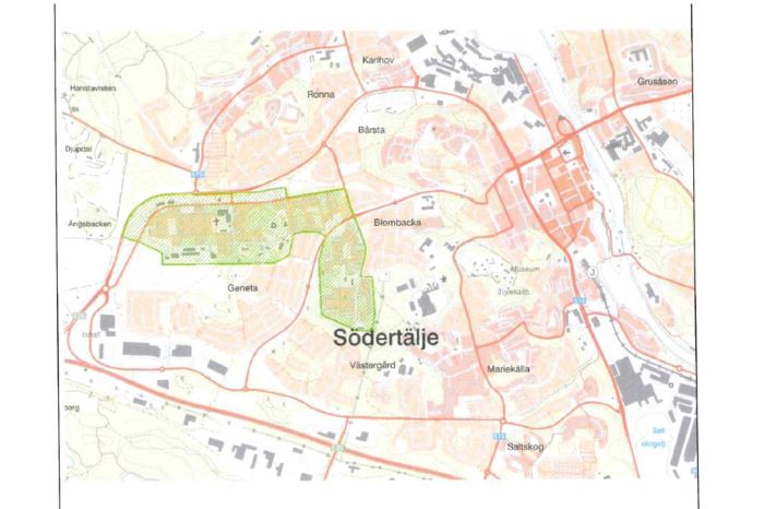 Översiktsbild över den aktuella säkerhetszonen i Södertälje.