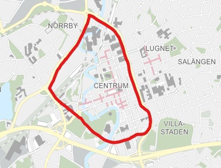 Karta över Borås med centrum markerad