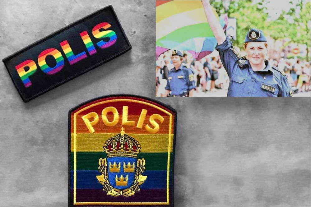 Pridemärken och polis i Pridetåg.