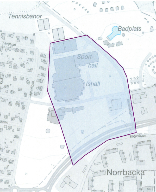 Bilden visar en karta över det område runt Skellefteå Kraft Arena där kamerabevakning med drönare kommer att bedrivas.