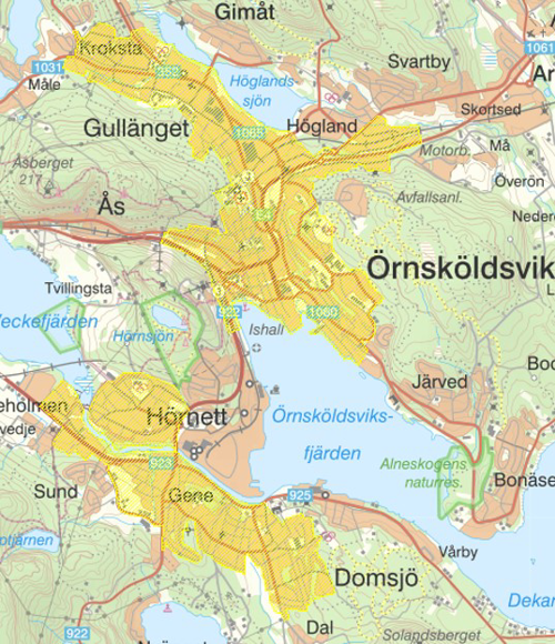 Kartbild över Örnsköldsvik där områden för kamerabevakning med drönare är utmärkt.