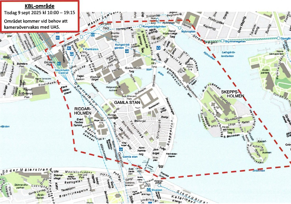 Karta över området runt Gamla Stan, delar av Norrmalm samt Kungsträdgården och Blasieholmen som kan bevakas med drönare.