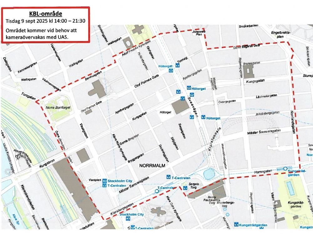 Karta över området runt Norra Bantorget, T-centralen, Kungsträdgården, Sergels torg, Hötorget och Kungsgatan som bevakas med drönare.