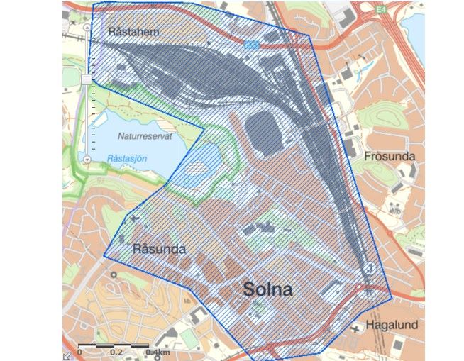 Det område i Solna som kan komma att bevakas med drönare. Området består av Strawberry arena, Råstahem och Råsunda.