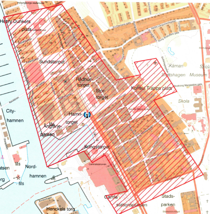 Karta över Helsingborgs innerstad. På kartan är det märkt vart drönare får flyga.