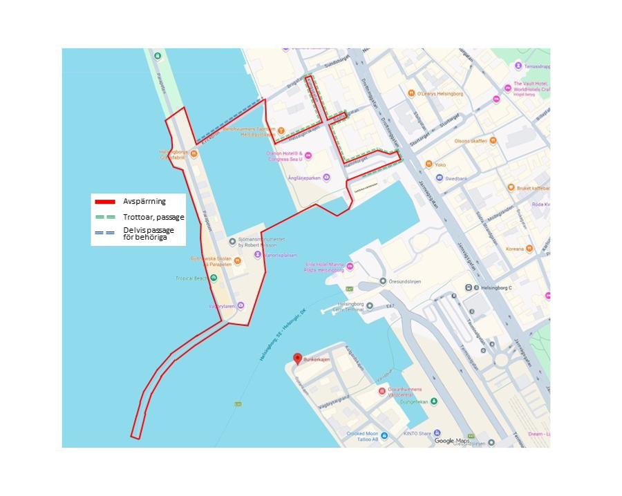Karta över avspärrning vid hamnområdet i Helsingborg.