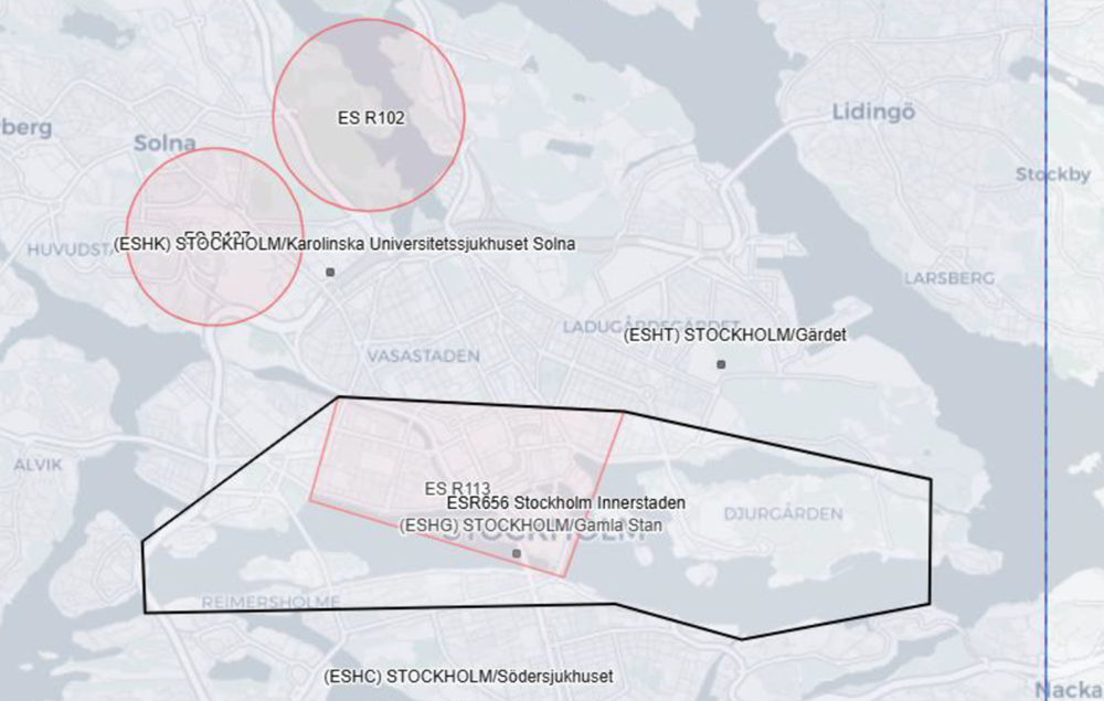 Foto över det tillfälliga restriktionsområdet i luftrummet runt Karolinska universitetssjukhuset i Solna samt Stockholms innerstad.