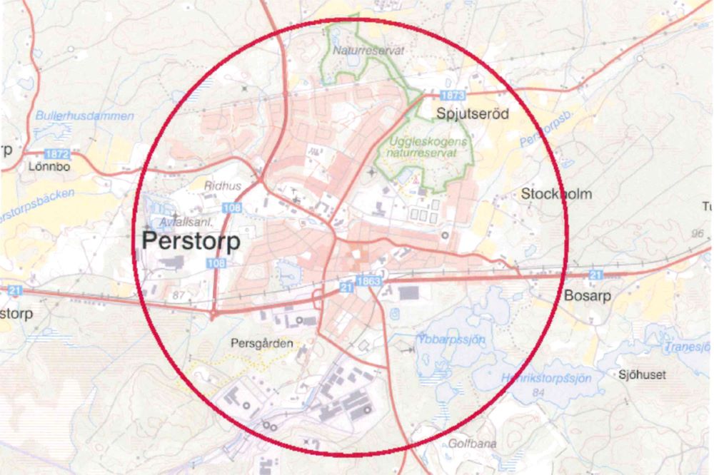 Kartbild med Perstorp inringat med rött.