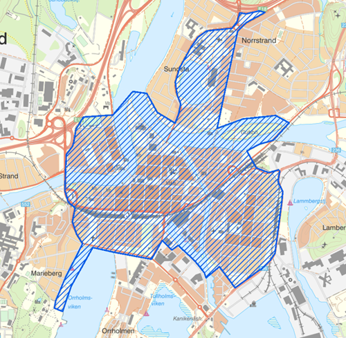 Restriktionsområdet som omfattas i centrala Karlstad under 1 till 7 december.