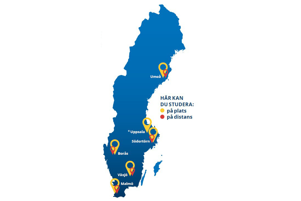 Karta över utbildningsorter för polisutbildningen. Uppsala universitet, Umeå, campus och distans. Stockholm, campus. Borås campus och distans. Växjö, campus och distans. Malmö campus och distans. Illustration