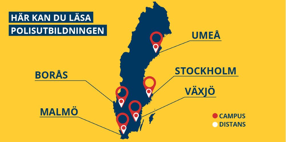 Karta över utbildningsorter för polisutbildningen. Umeå, campus och distans. Stockholm, campus. Borås campus och distans. Växjö, campus och distans. Malmö campus och distans. Illustration