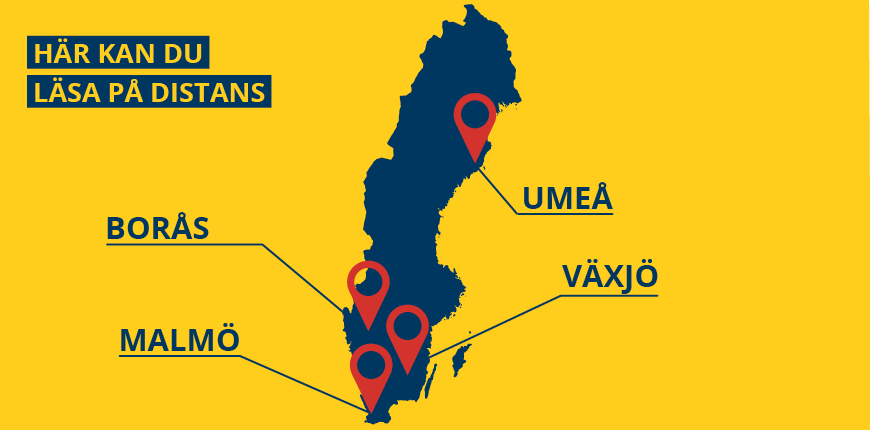 Karta över Sverige med distansutbildningsorterna Borås, Umeå, Malmö och Växjö markerade.