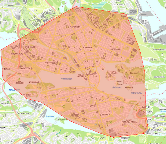 Bilden visar delar av Norrmalm, Södermalm och Kungsholmen som kan kamerabevakas med drönare.