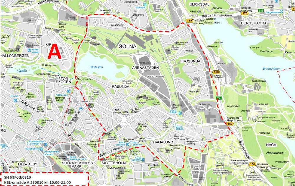 Karta över områden i Solna som kan bevakas med drönare.