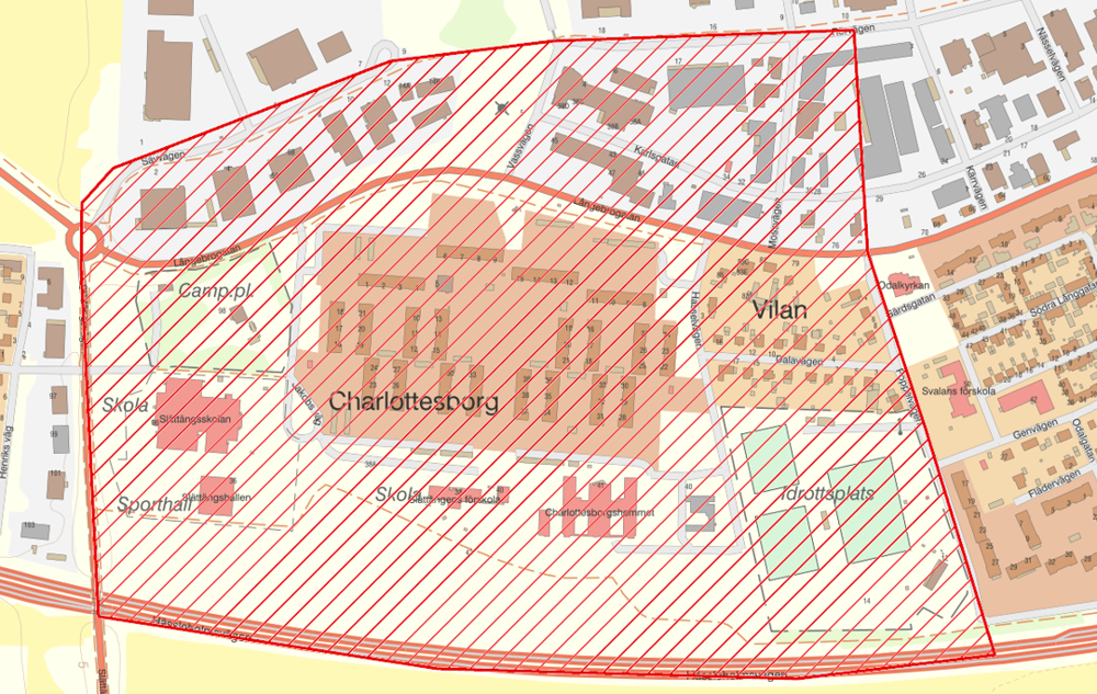 Karta över området Charlottesborg, Kristianstad som bevakas med drönare.