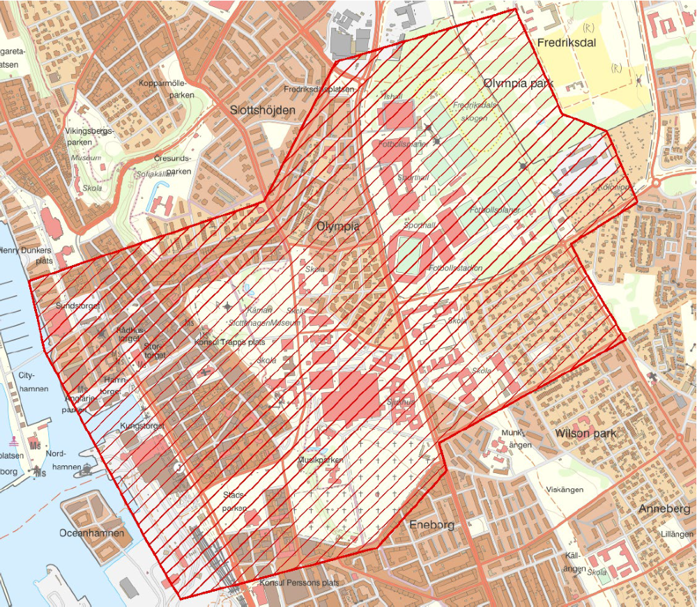 Karta över området som kan komma att bevakas med drönare.