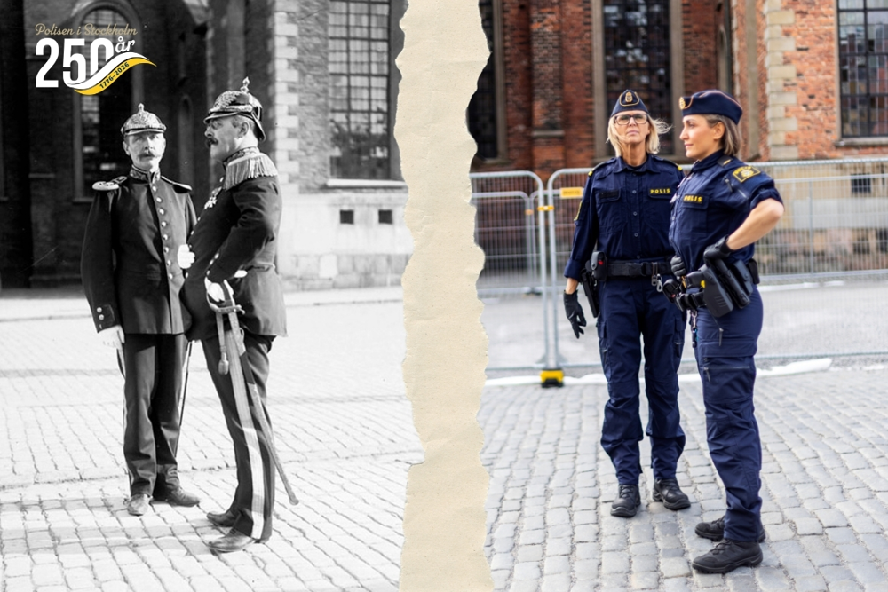 Ett kollage med en polispatrull från början av 1900-talet och en från 2026. 