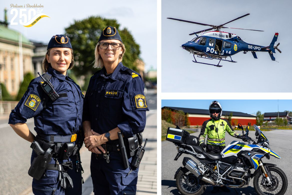 Ett kollage med: två poliser, polisens helikopter och en motorcykelpolis. 