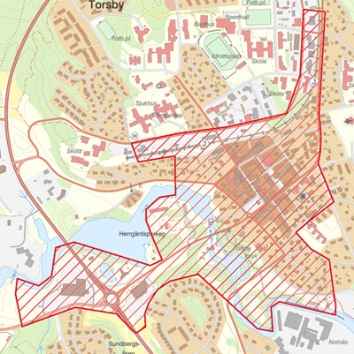Bilden visar bevakningsområdet för drönare i Torsby tätort.