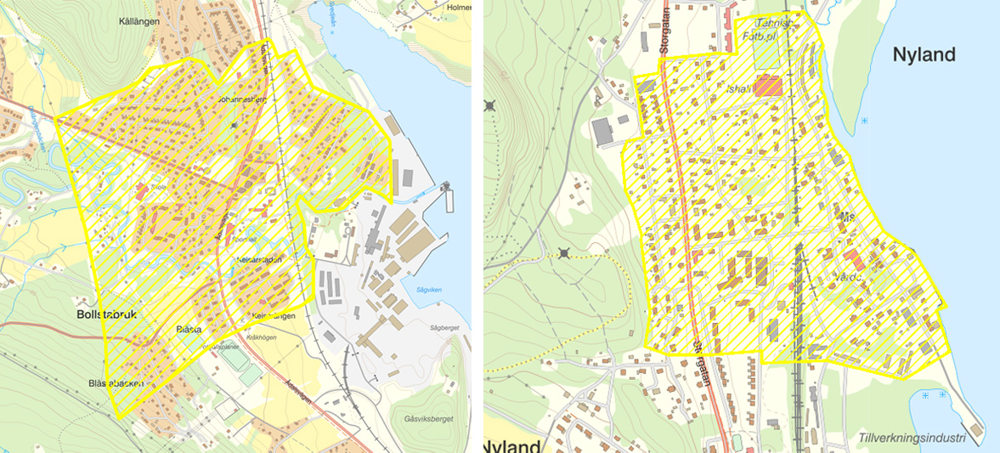 Kartbilderna visar Bollstabruk och Nyland, där vissa områden markerats med gula linjer.