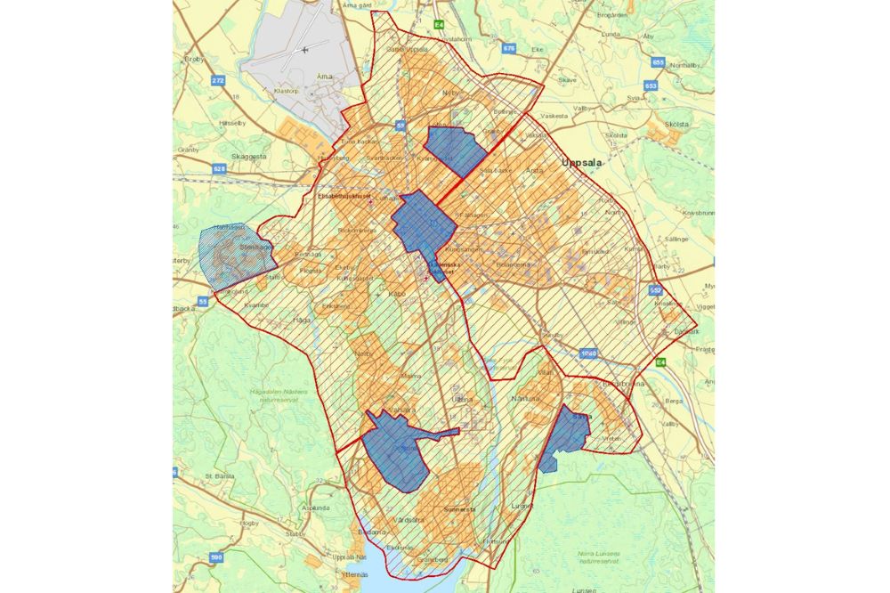 Karta över Uppsala där det är möjligt för polisen att kamerabevaka med UAS.