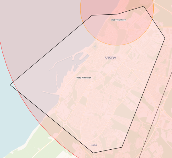 Kartbild över område som omfattas av tillfälligt restriktionsområde i luften över Visby