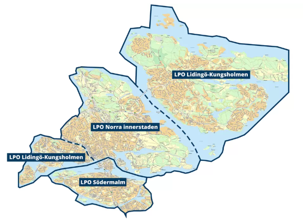 Karta över polisområde citys tre lokalpolisområden