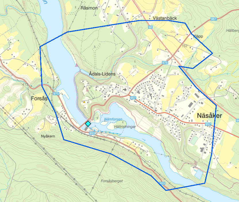 Bilden är en karta över området Näsåker. På bilden finns ett markerat område där kamerabevakning kommer att ske under festivalen Urkult.