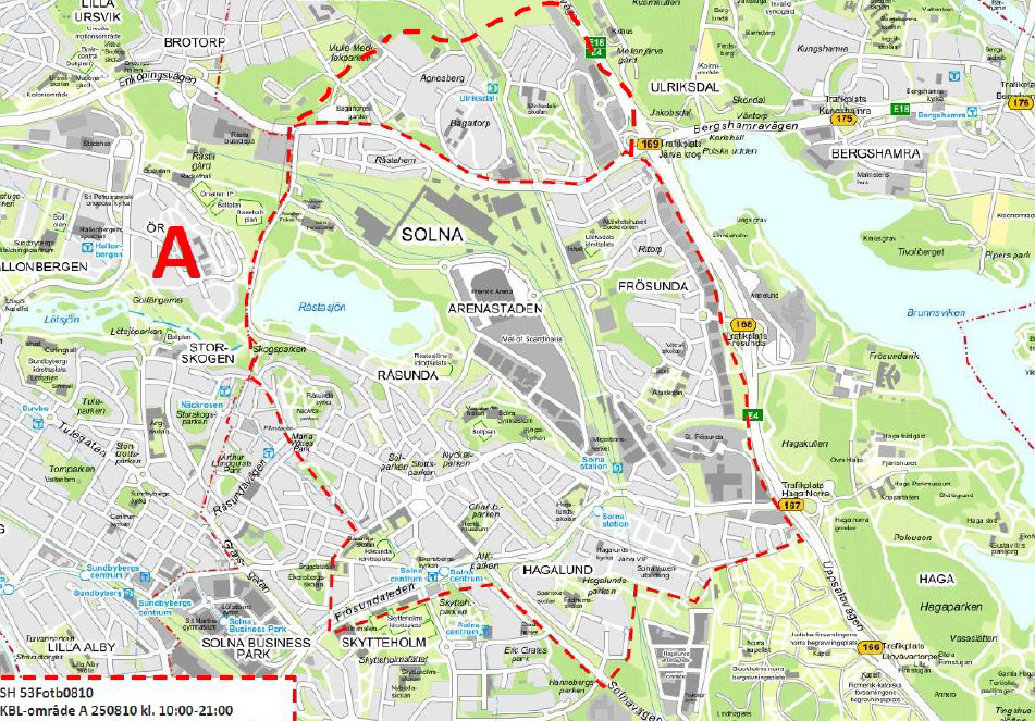 Karta över området Solna och Ulriksdal som bevakas med drönare.