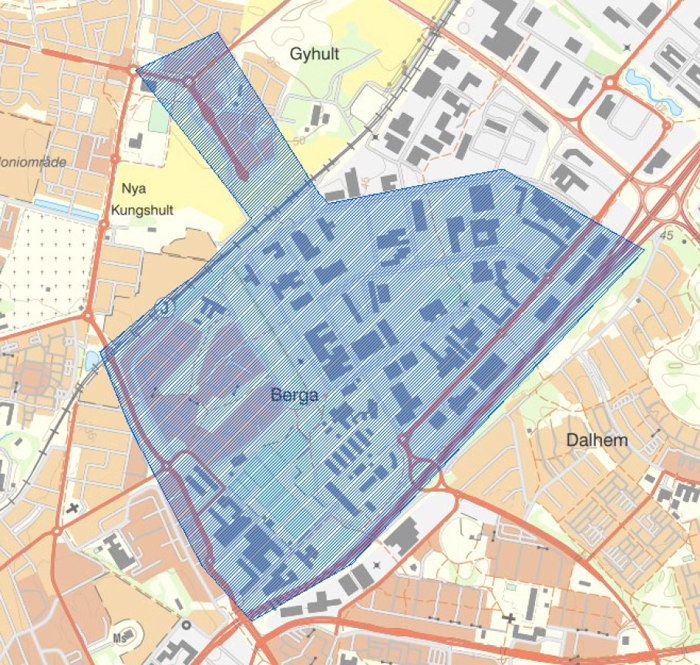 Karta över ett av områdena i Helsingborg som bevakas med drönare.