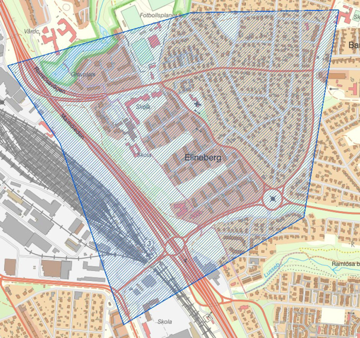 Karta över ett av områdena i Helsingborg som bevakas med drönare.