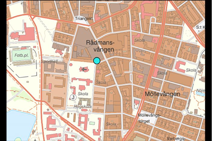 Karta över Rådmansvången, Triangeln i Malmö där Mohamed Nesajer skjöts till döds 2019