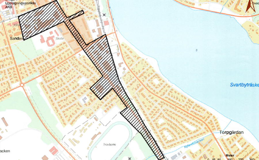 Bilden visar det område i Sanden som kommer att kamerabevakas av fasta kameror.