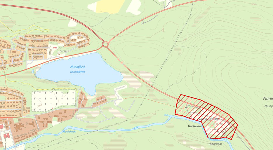 En kartbild där det framgår att Nunisvaaraparken, öster om Gällivare centrum, ska bevakas tillfälligt med drönare