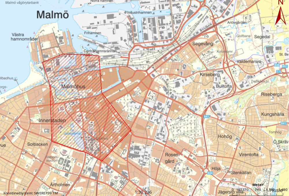 arta över området i centrala Malmö som bevakas med drönare.