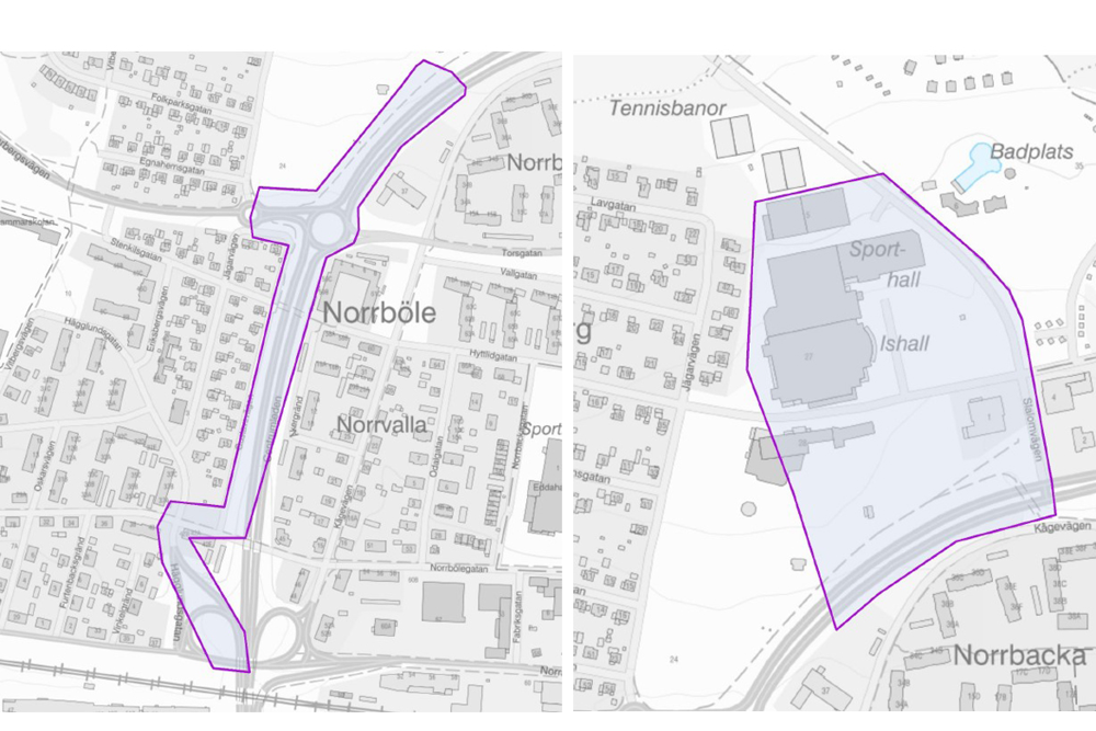 Kartbilder med upptagningsområde för drönare inritade