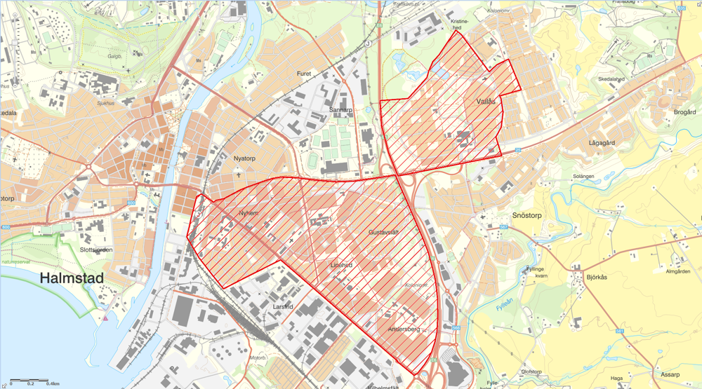 Karta över området i Halmstad som kan komma att bevakas med drönare.