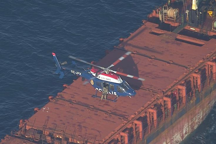 A police helicopter has landed on the ship. Photo.