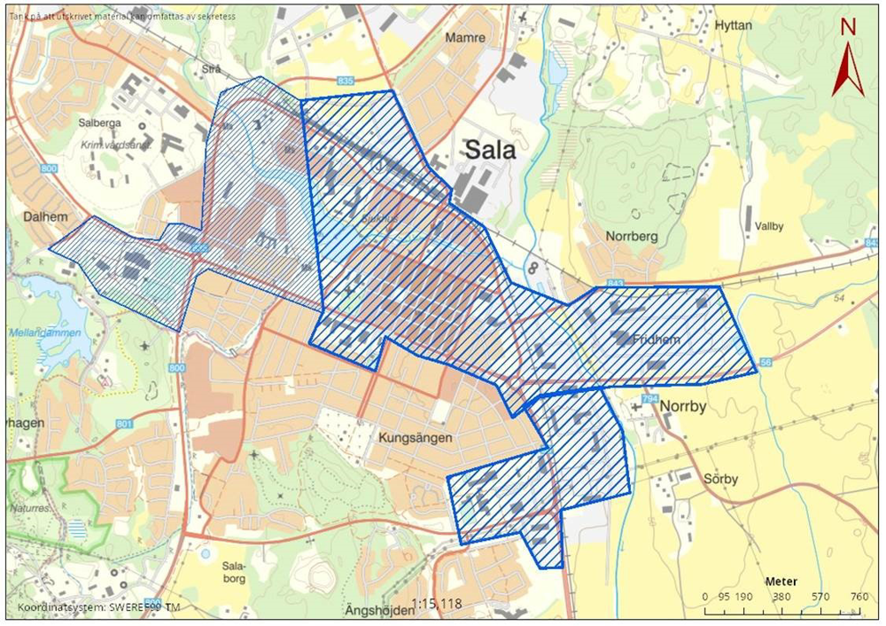 Karta över bevakningsområdet i Sala.