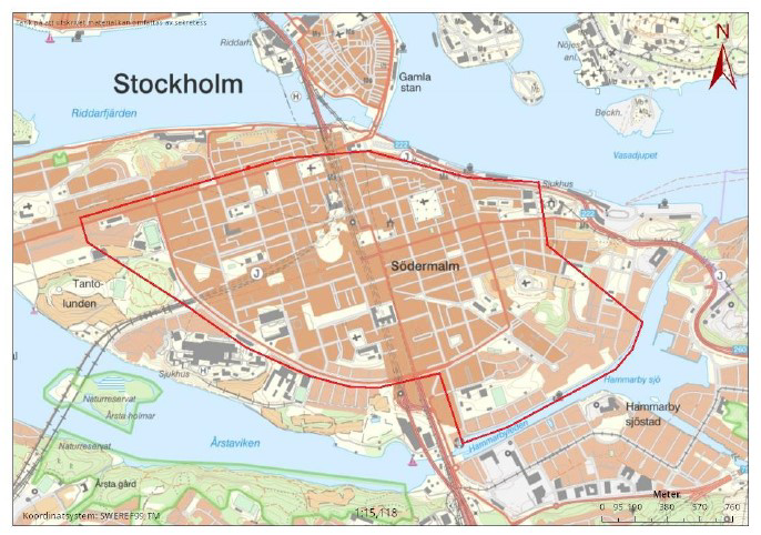 Bild på karta över Södermalm där UAS kommer användas.