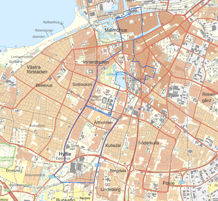 Kartbild över område i Malmö som kommer att bevakas med drönare