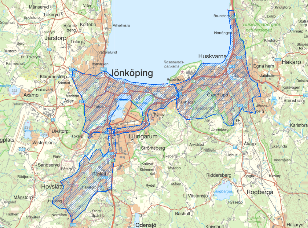 Områden i Jönköping som kan kamerabevakas av drönare.