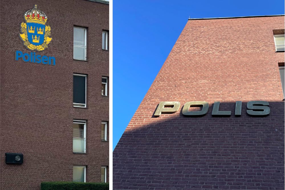 Fotografier som visar den nya respektive gamla skylten på polishuset i Jönköping.