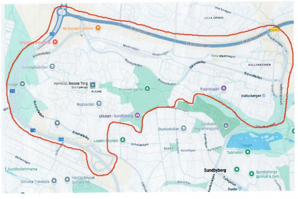 Karta med markerat område som kan komma kamerabevakas med drönare.